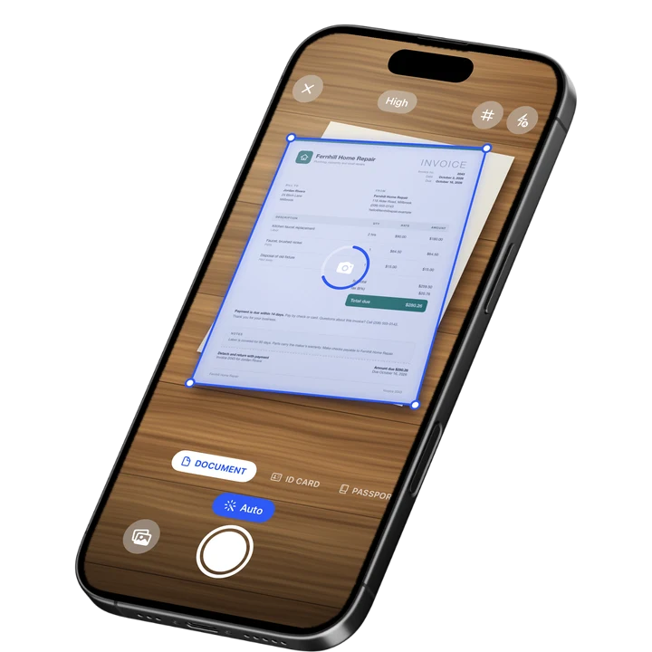 iPhone showing the Filewise scan screen with an invoice in a blue frame